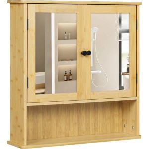 EUGAD Spiegelschrank aus Bambus mit zwei Spiegeltüren und offenem Fach. Moderner Hängeschrank für Badezimmer.