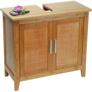 Eisl Waschbeckenunterschrank aus Bambus, braun, mit zwei Türen und silbernen Griffen.
