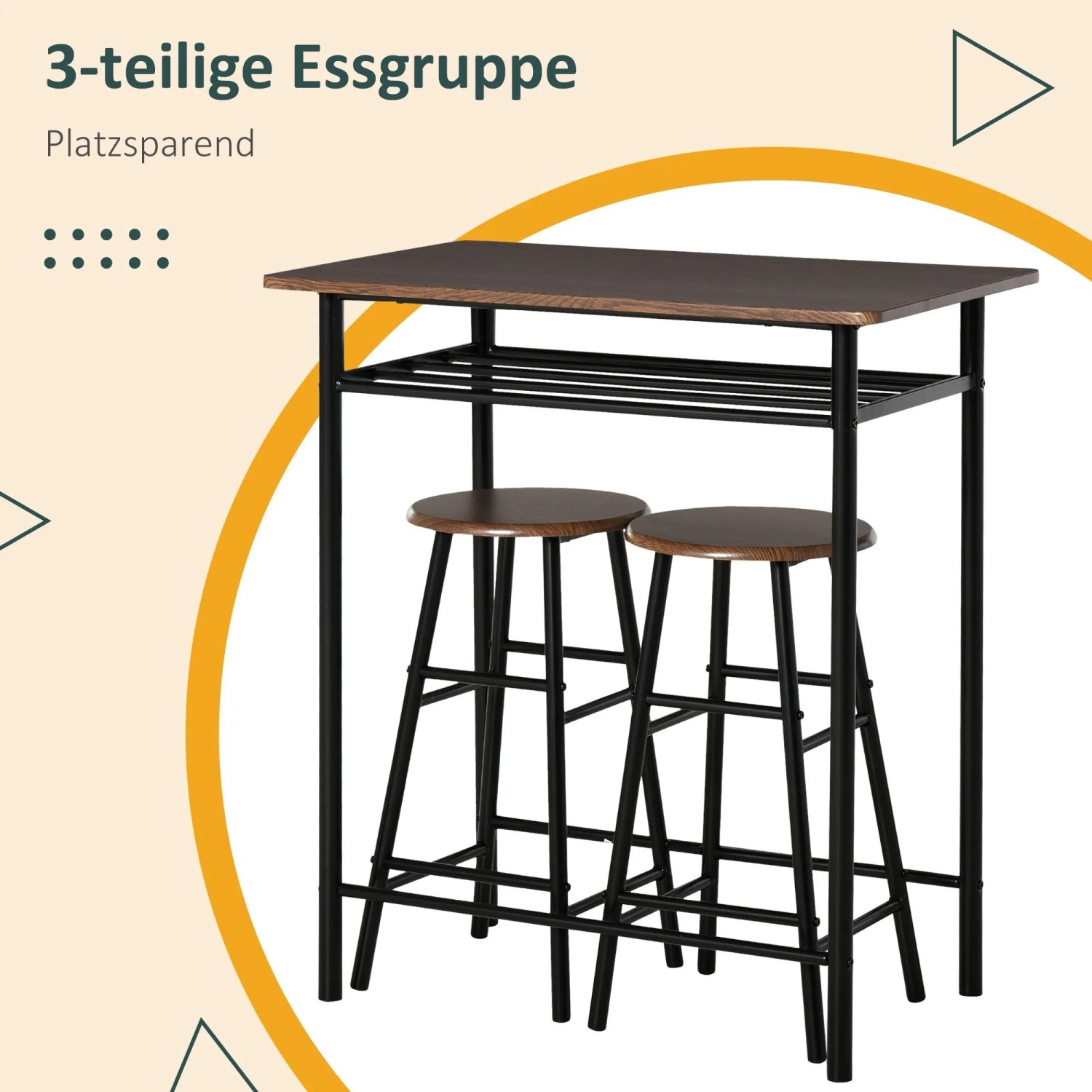 HOMCOM Bartisch Set: schwarzer Metallrahmen, Eiche-MDF-Platte, 2 Barhocker, Ablagefach. Industriestil, platzsparend.