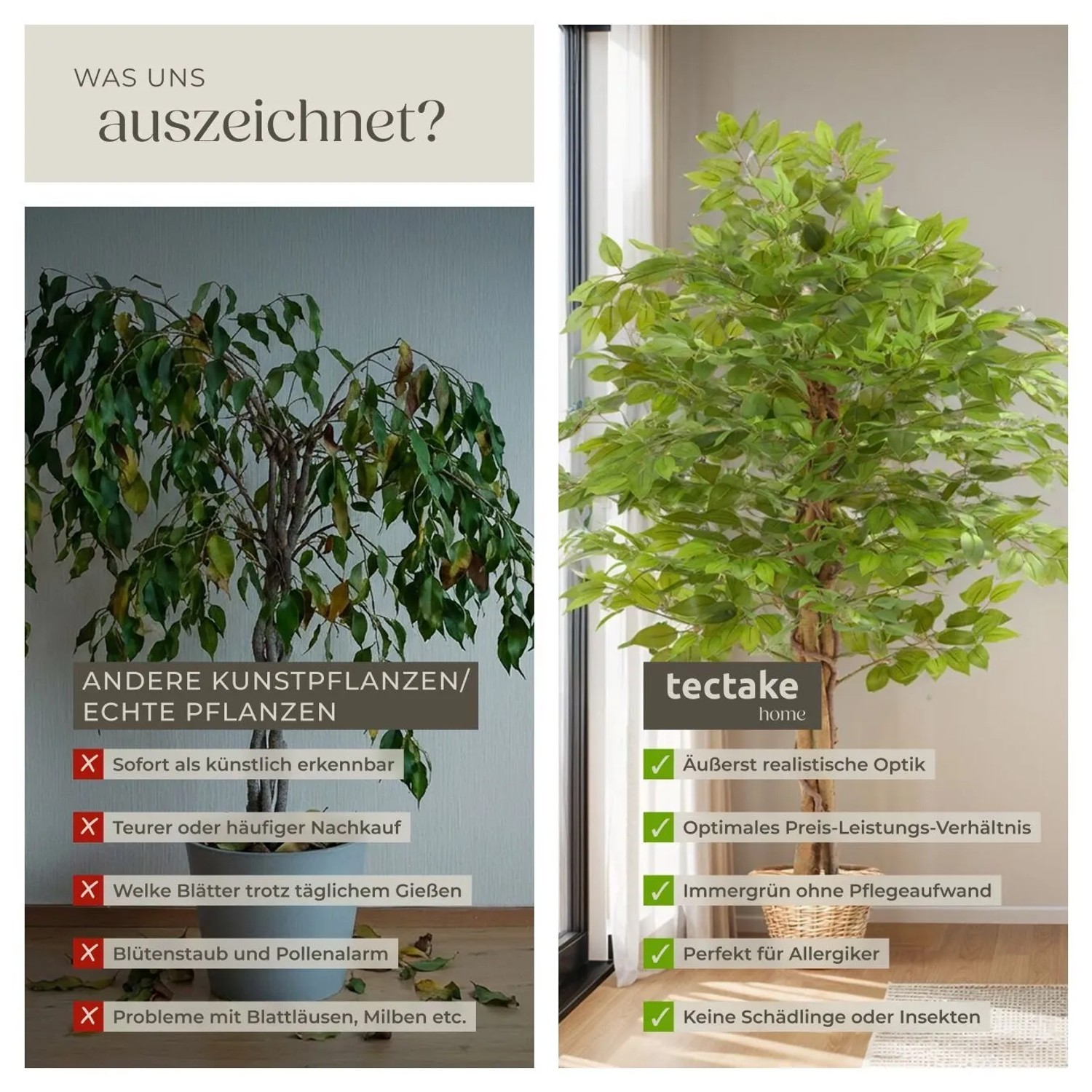Detailgetreuer, grüner Tectake Ficusbaum Fida, 160 cm hoch, als pflegeleichte Kunstpflanze.