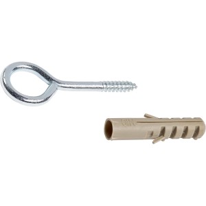 4er Set LUX Ringschrauben, 4 mm x 30 mm, verzinkt, mit Dübel zur Befestigung in Holz und Mauerwerk.