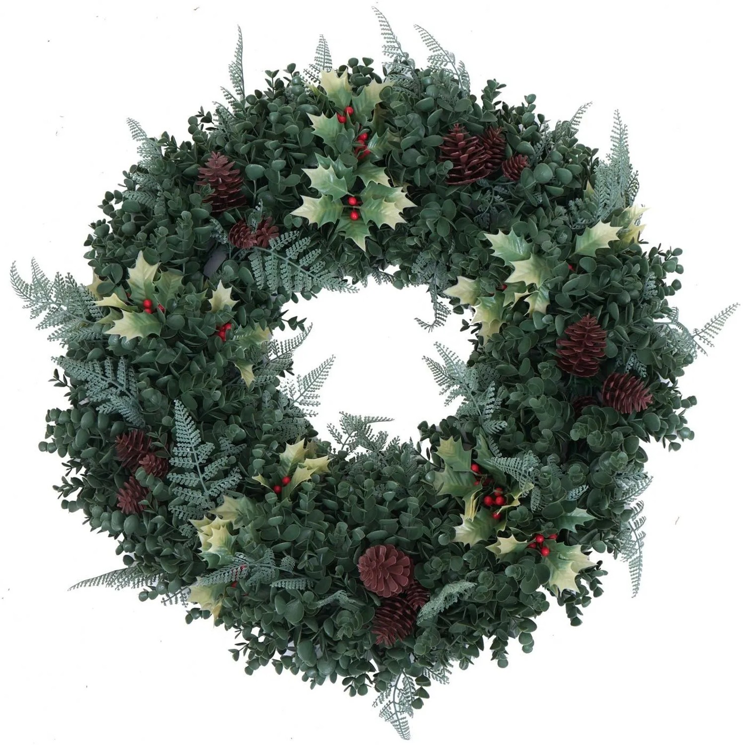 Künstlicher grüner Weihnachtskranz Ø 60cm mit roten Beeren, Stechpalmenblättern und Zapfen für festliche Deko.