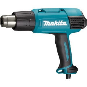Makita Heissluftgebläse HG6531CK (2.000 W) in Türkis und Schwarz, seitliche Ansicht.