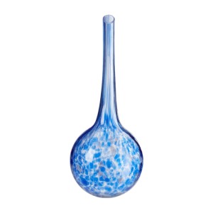 Blaue Glas-Bewässerungskugel mit weißen Sprenkeln und langem Stiel. Praktische Gießhilfe für Pflanzen.