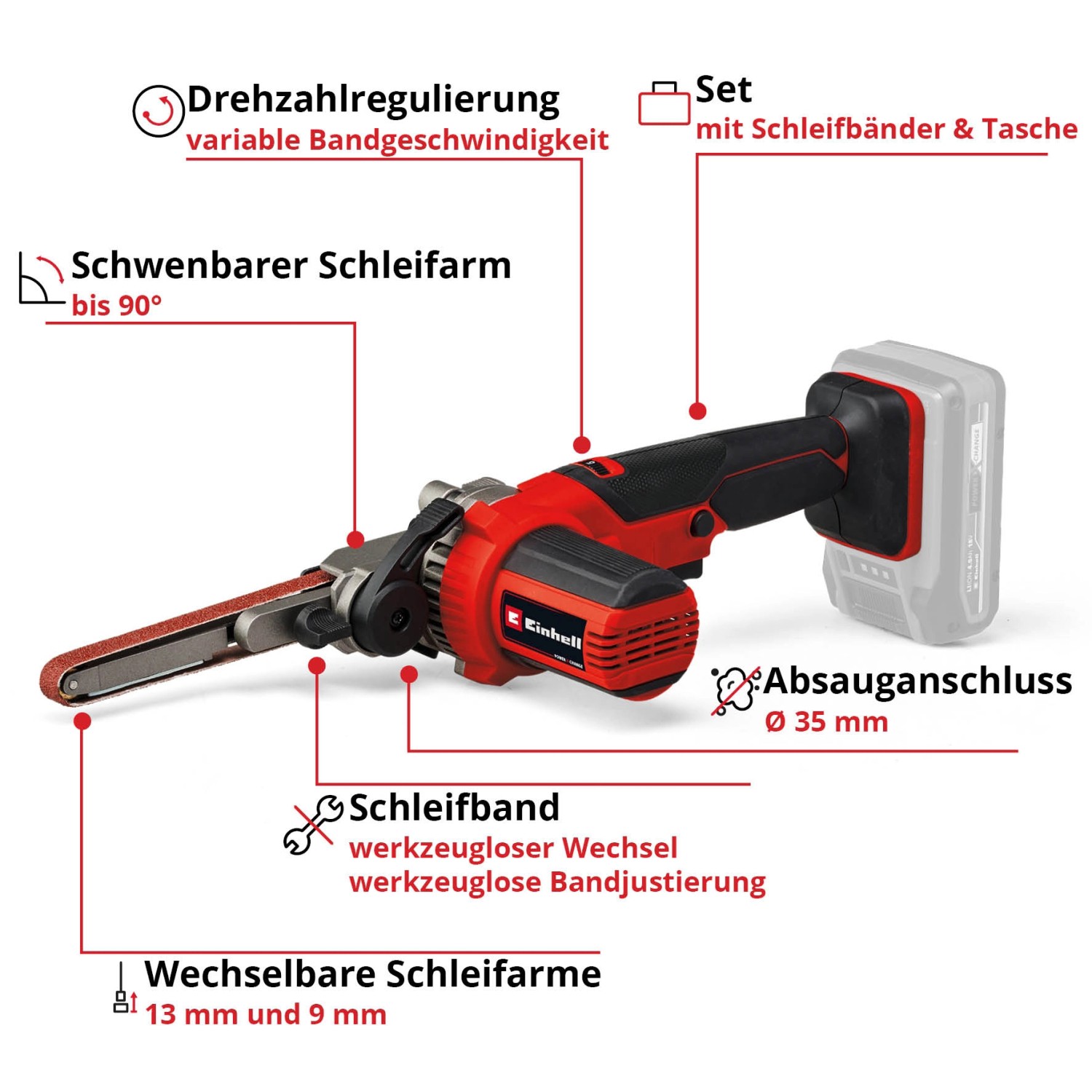 Einhell Akku-Bandfeile TE-BF 18 V Li-Solo: Akku-Schleifer mit Schleifbändern, schwenkbarem Schleifarm und Absauganschluss.