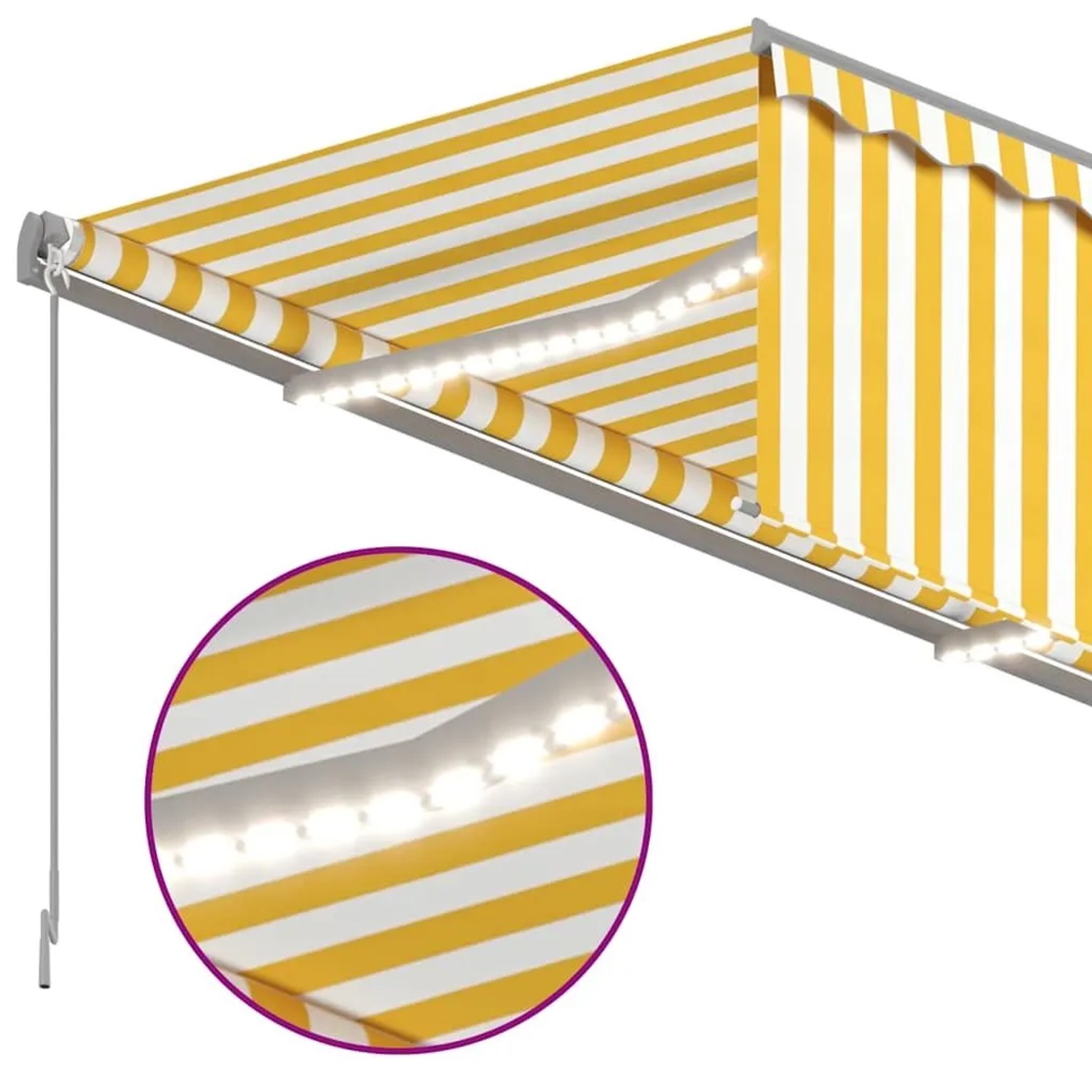 vidaXL Markise, gelb-weiß gestreift, mit LED-Beleuchtung und Rollo für Terrasse & Balkon.