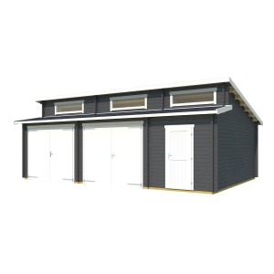 Lasita Garage Hawaii Set, carbongrau, mit Holztoren und Fenstern. Fertiggarage für zwei Fahrzeuge.