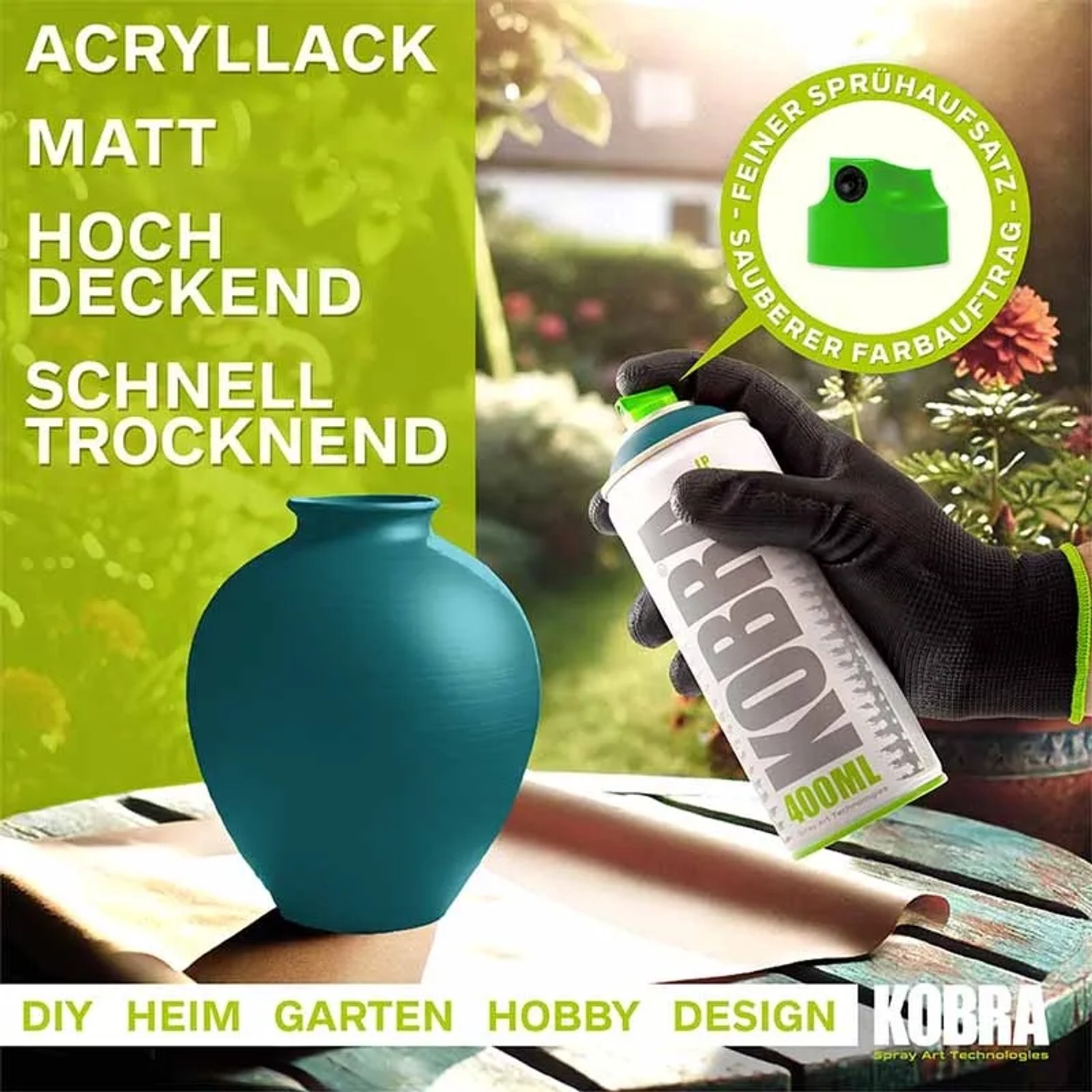 Kobra LP Buntlack Spray Lagunenblau Matt, 400ml Dose. Anwendung auf Vase im Garten.