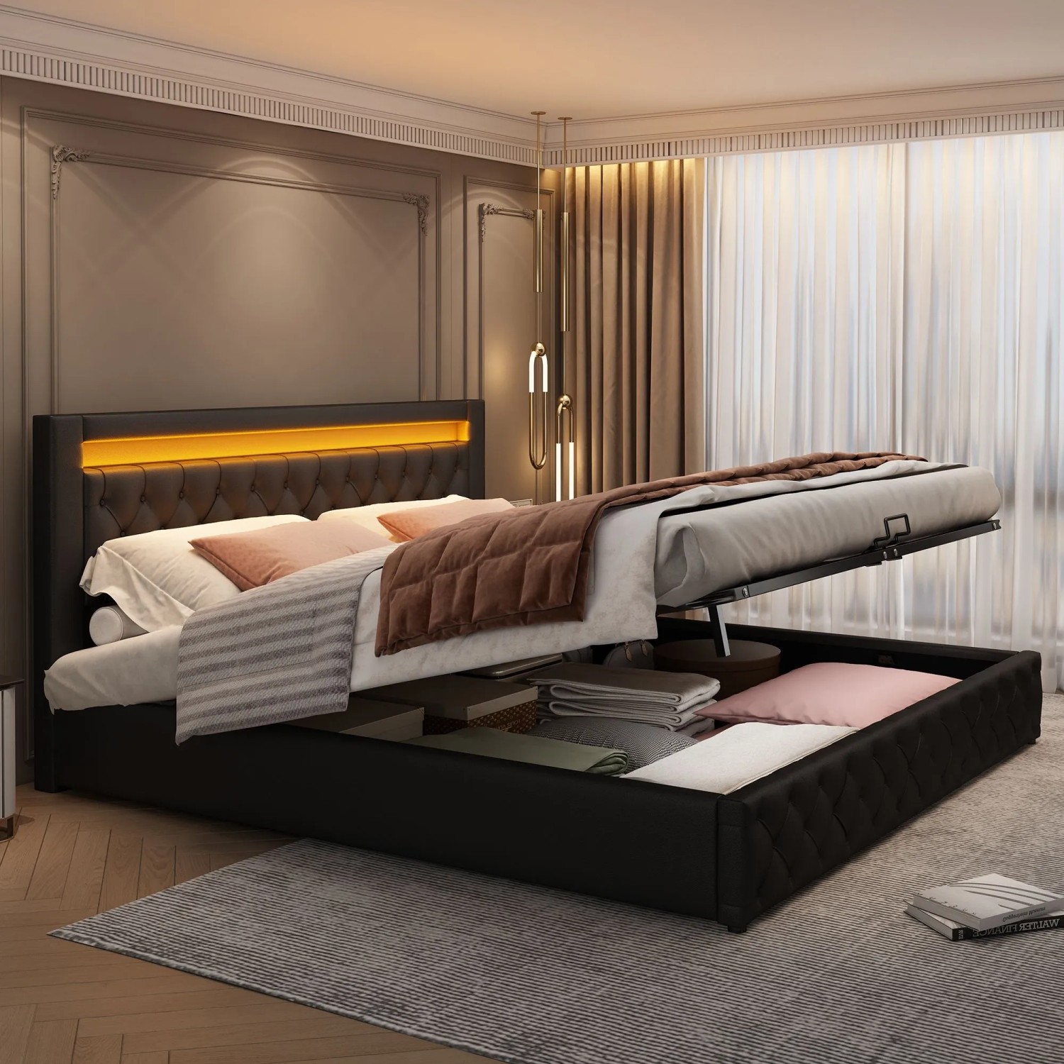 Merax Polsterbett 180x200 Funktionsbett Mit Lattenrost Stauraum LED PU Schwarz