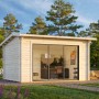 Palmako Gartenhaus Ines Slide, grau tauchgrundiert, mit Glasschiebetüren und Fußboden. Holz-Gartenhaus.