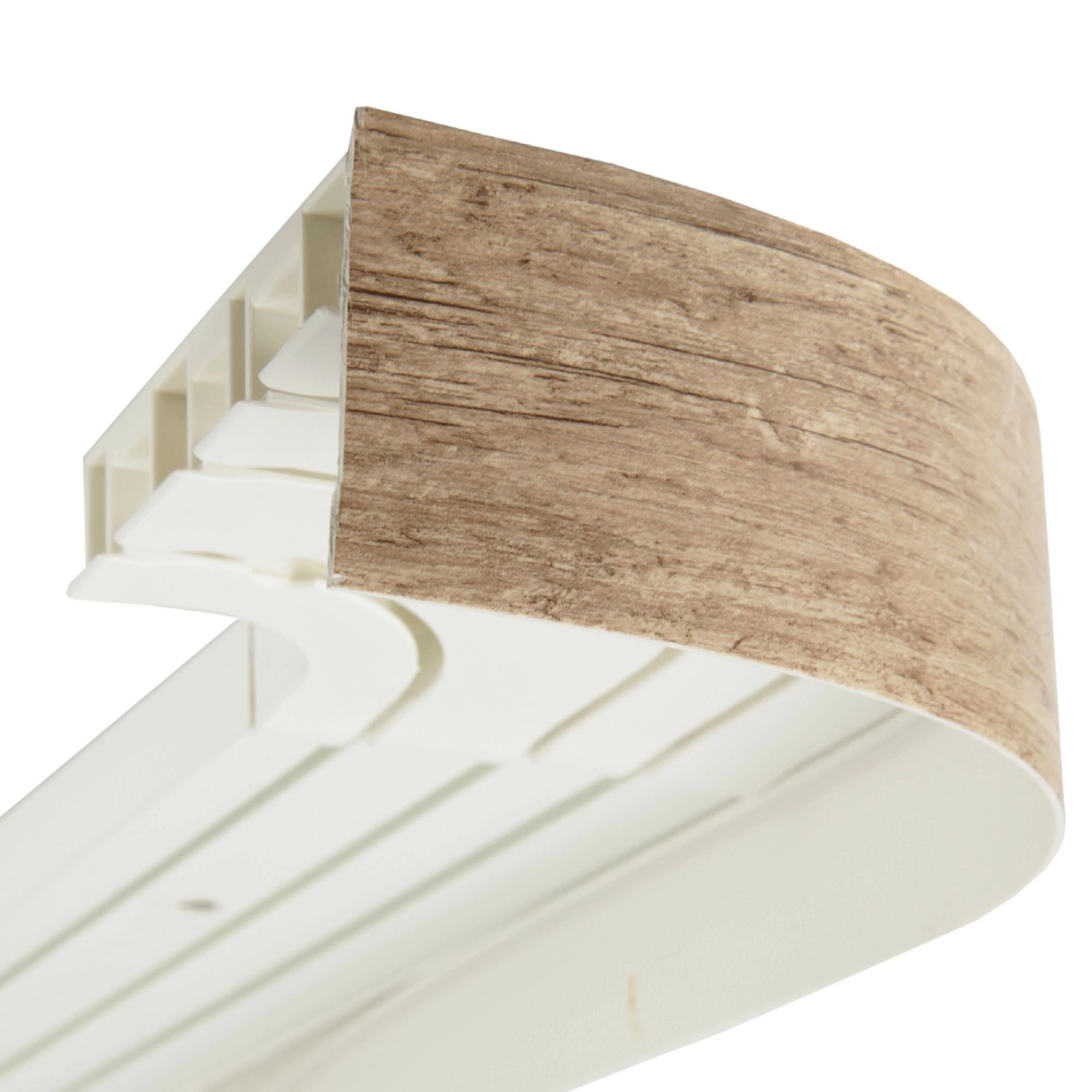 Bestlivings Gardinenschiene 480cm mit Blende in Sonoma Holzoptik, Detailansicht.