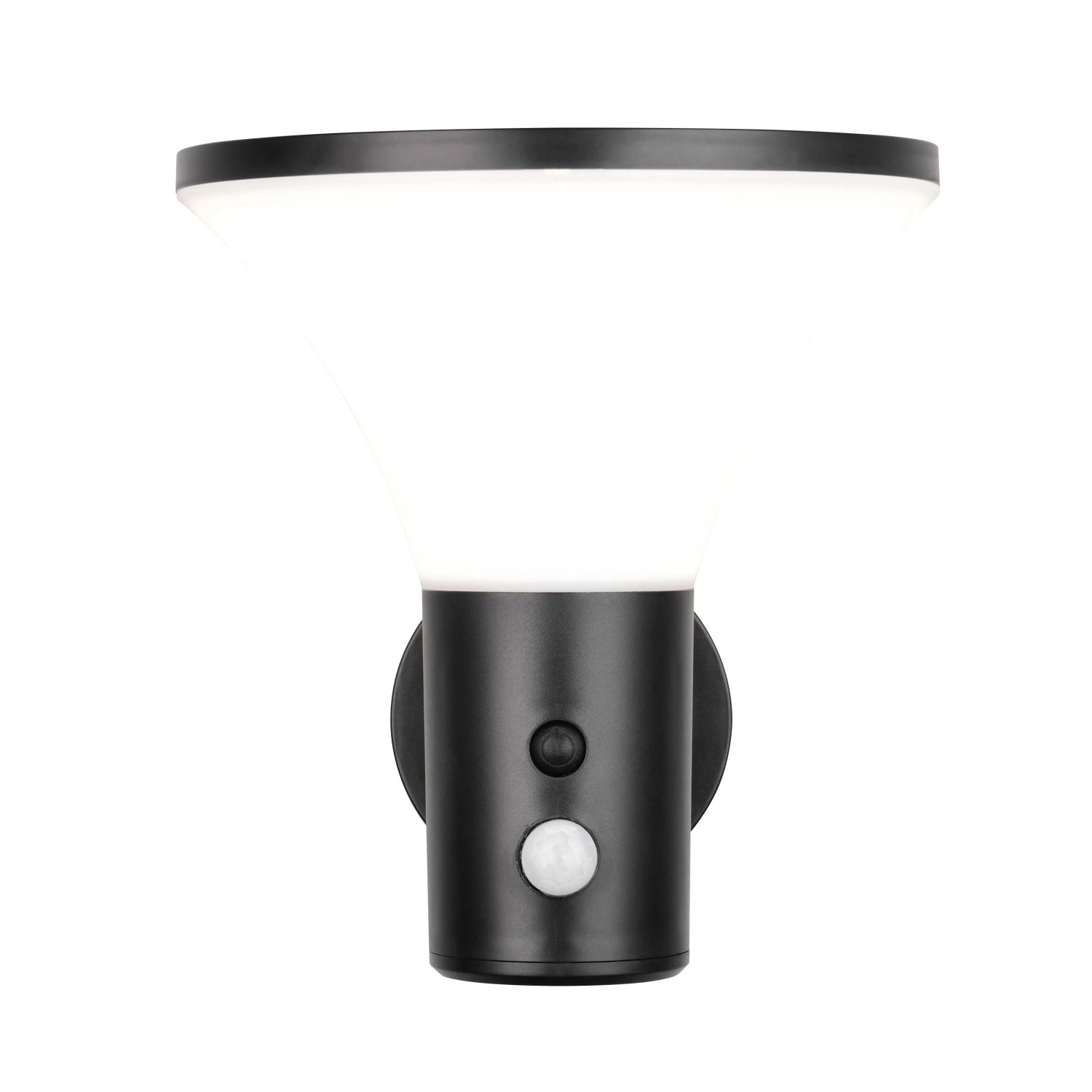 Schwarze Reality LED Solar-Wandleuchte Gorda mit Bewegungsmelder für den Außenbereich.