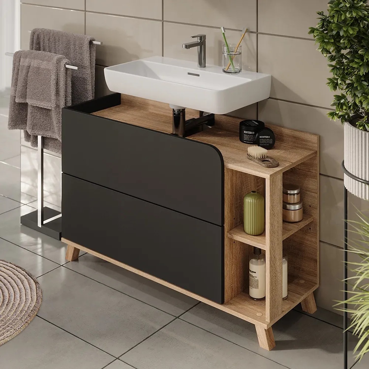 Vicco Waschbeckenunterschrank Karen, 100x65 cm, Sonoma/Anthrazit mit 2 Türen und Schubladen.