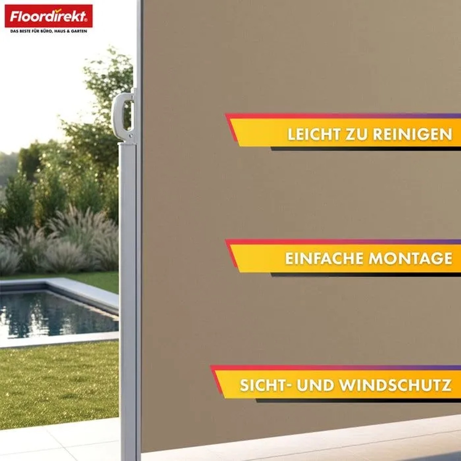 Beige Floordirekt Seitenmarkise, ausziehbarer Alu-Sichtschutz für Terrasse & Garten. Leicht zu reinigen, einfache Montage.