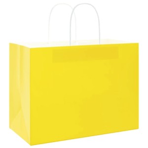 Gelbe Papiertragetasche mit weißen Henkeln, 32x17x25 cm, ideal für Geschenke und Einkäufe.