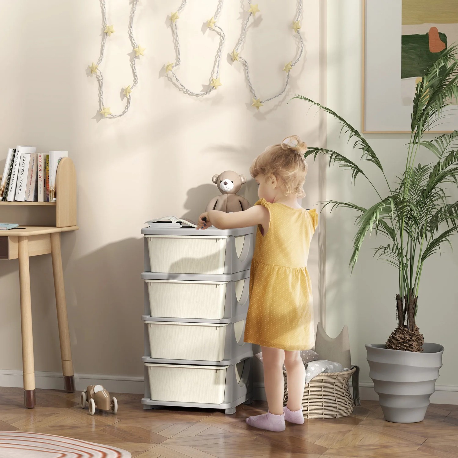 HOMCOM Schubladenschrank in Creme: Kunststoff Kommode mit 4 Schubladen im Kinderzimmer.