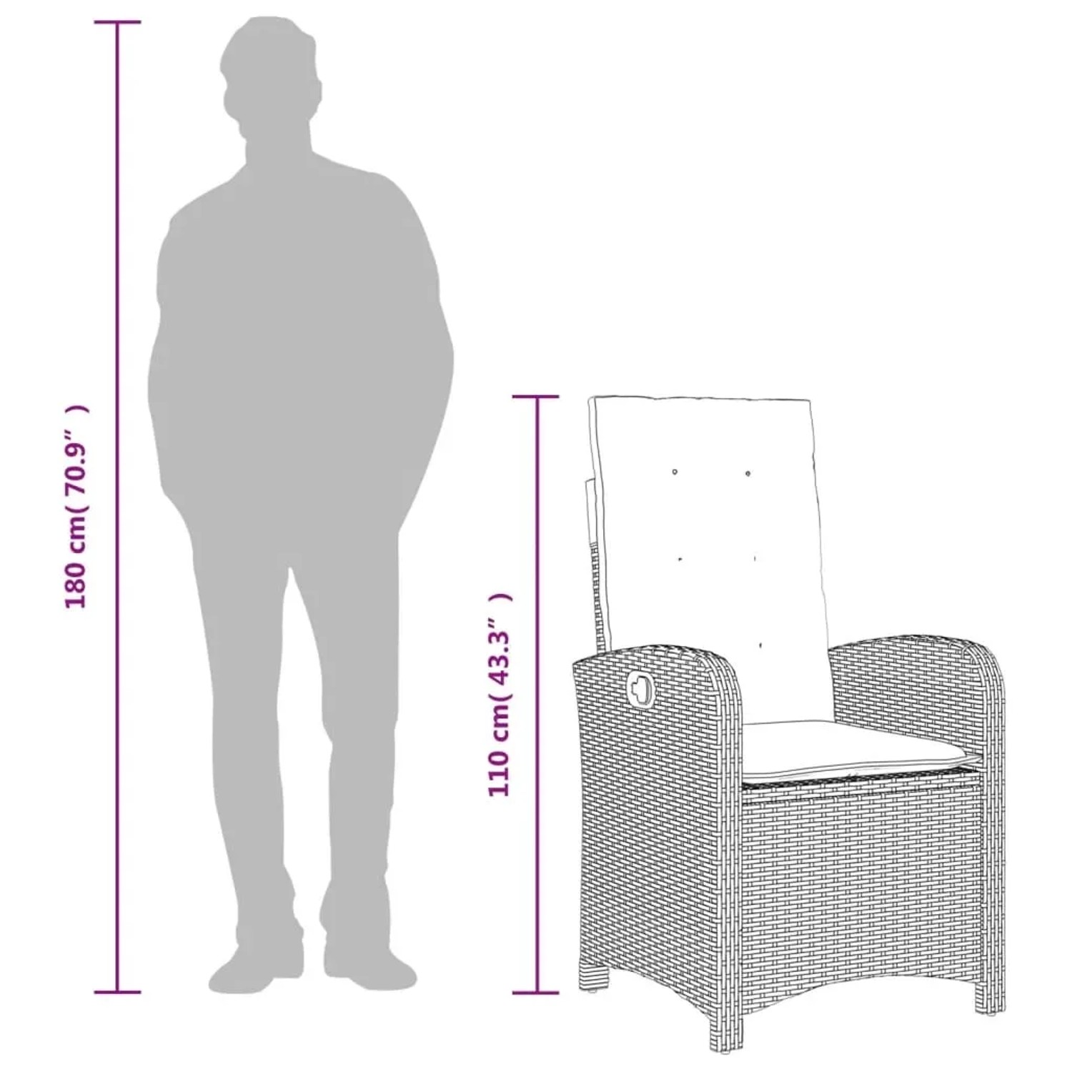vidaXL Garten-Essgruppe, 4-teilig, schwarz, Poly Rattan, mit Maßangaben zur Höhe von Stuhl und Person.