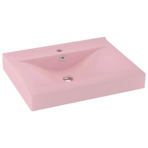 Matt-rosa Keramik-Waschbecken 60x46 cm mit Hahnloch und Überlauf. Modernes, rechteckiges Design für Bad.