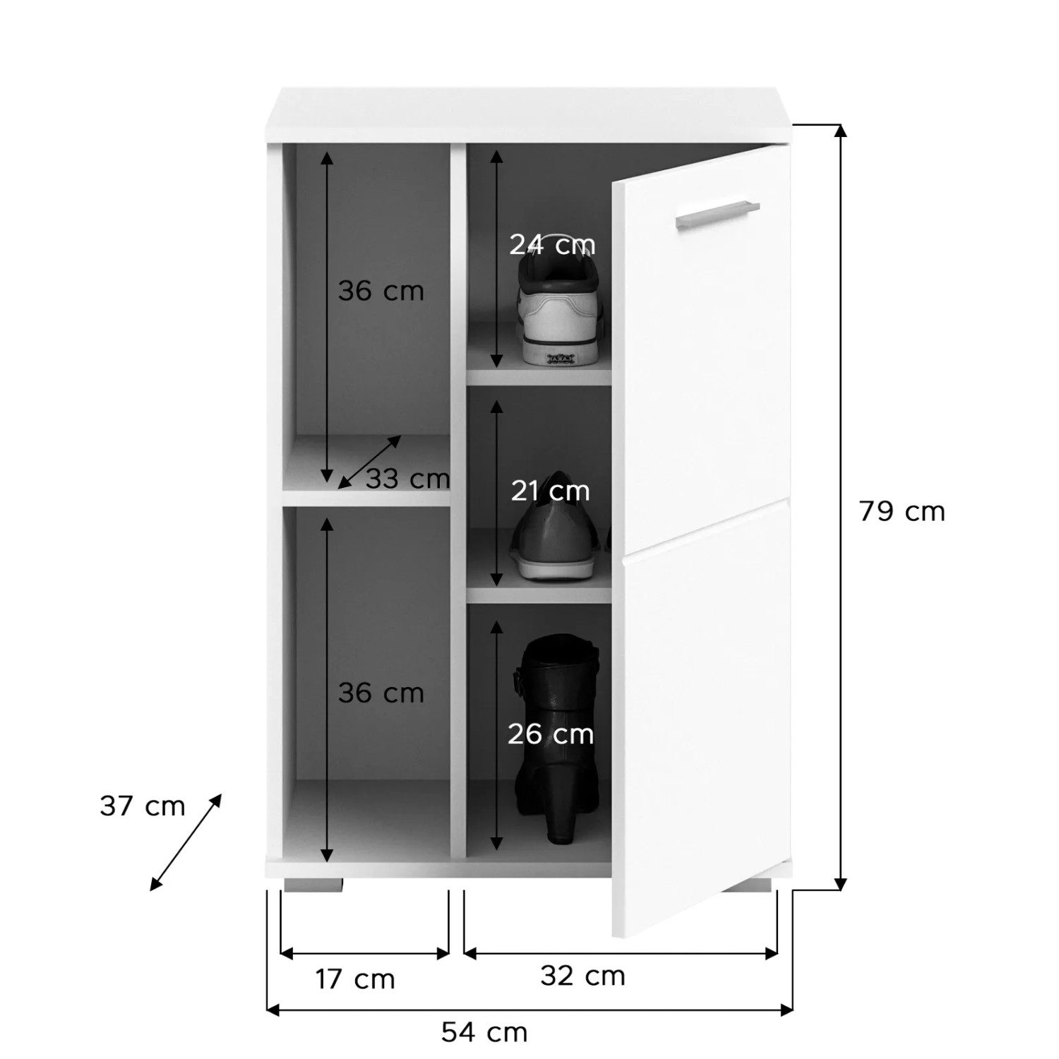 Weißer Inn.Furn Schuhschrank Grazie, 55x79 cm, Hochglanz. 2 offene Fächer, Tür mit Stauraum. Schuhkipper.