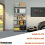 Belastbares, verzinktes KARAT Schwerlastregal Rhino mit Werkzeug und Reifen in Garage.