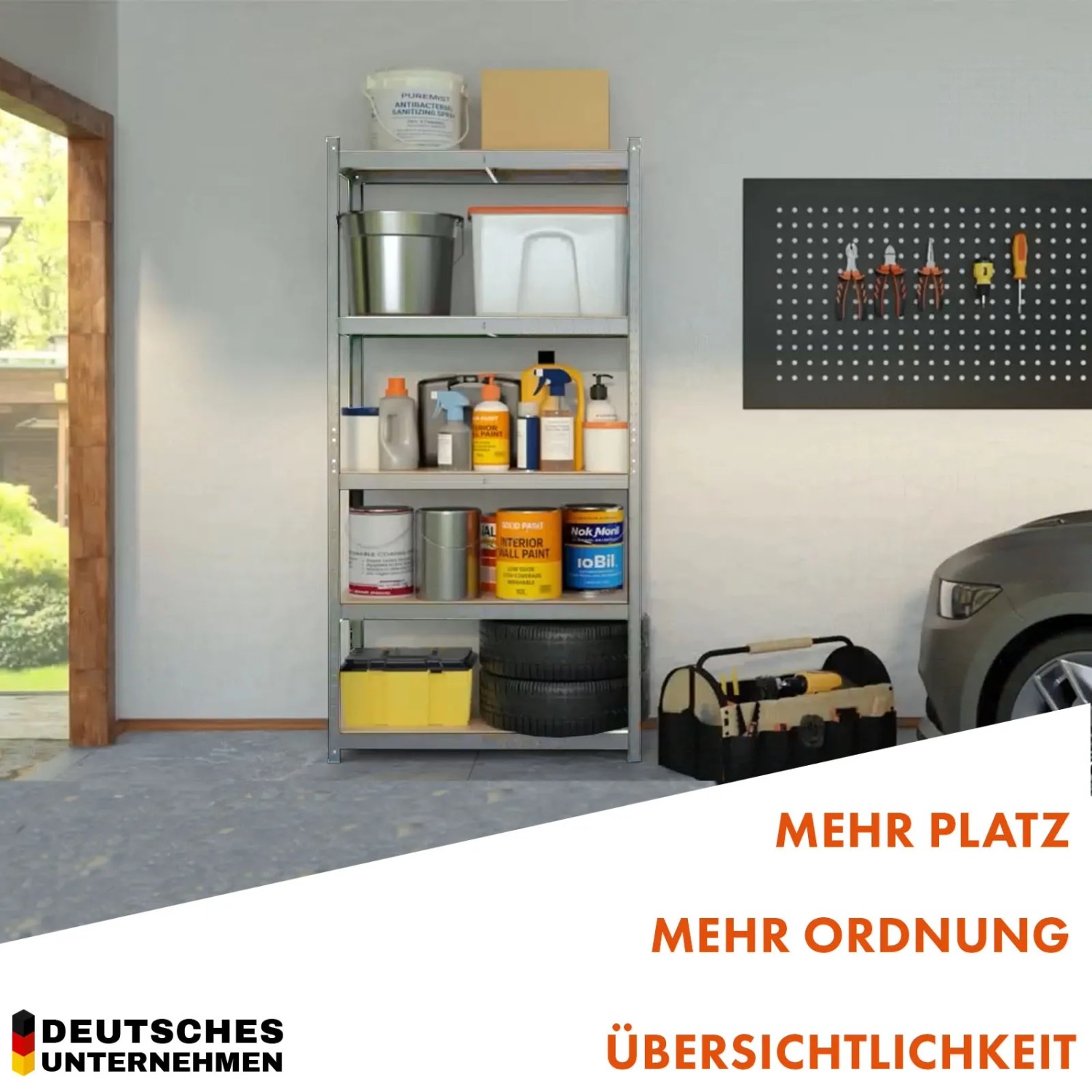 Belastbares, verzinktes KARAT Schwerlastregal Rhino mit Werkzeug und Reifen in Garage.