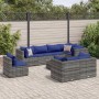 Graues 9-tlg. vidaXL Garten-Lounge-Set aus Polyrattan mit blauen Kissen und Tisch.