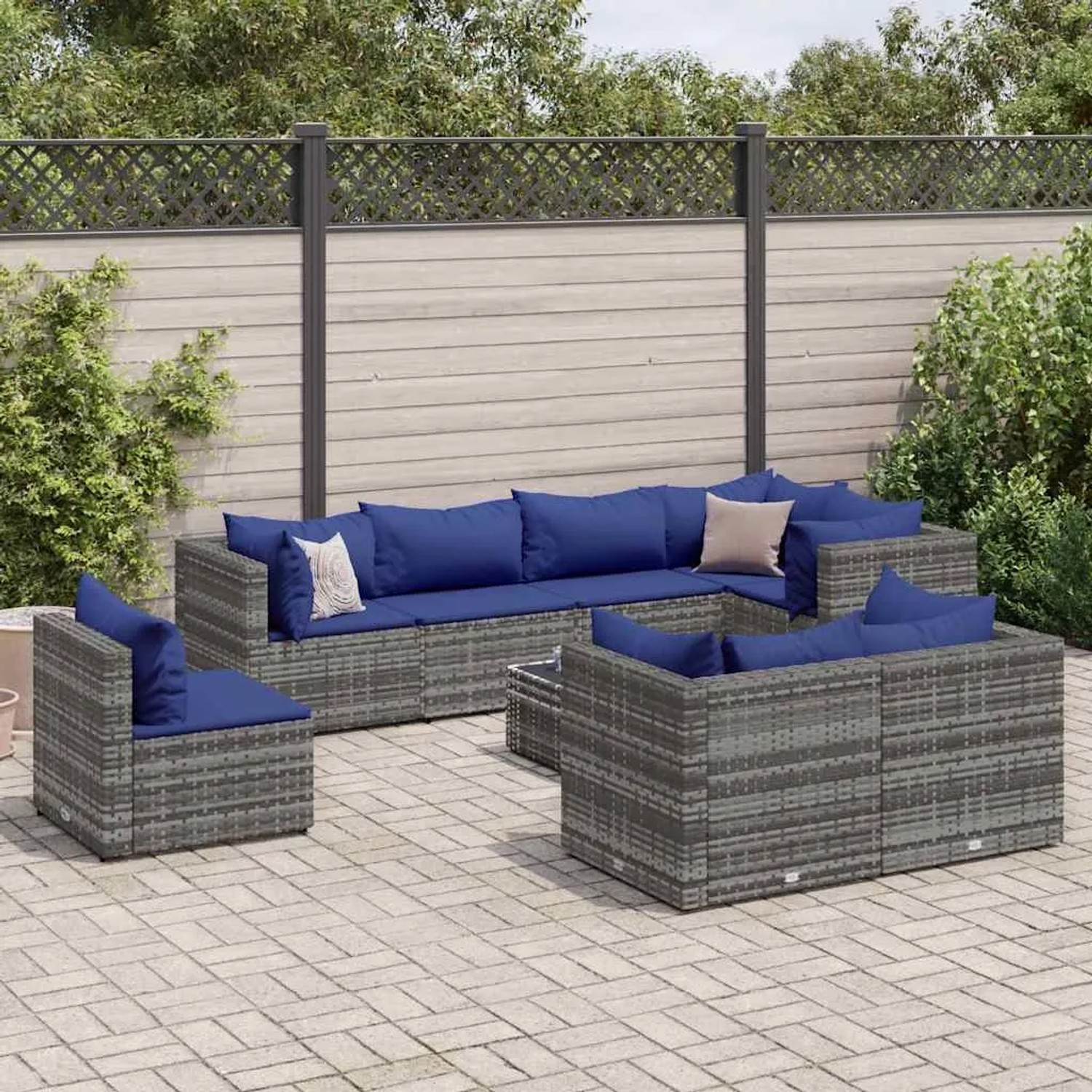 Graues 9-tlg. vidaXL Garten-Lounge-Set aus Polyrattan mit blauen Kissen und Tisch.
