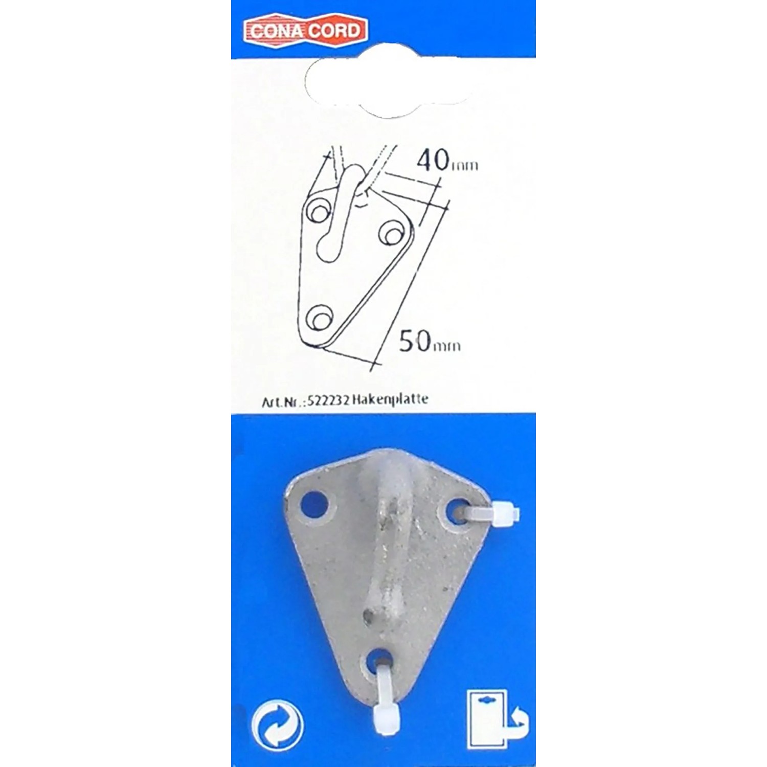 Conacord Hakenplatte aus Stahl, 50 mm Länge, zur Befestigung und Aufhängung.