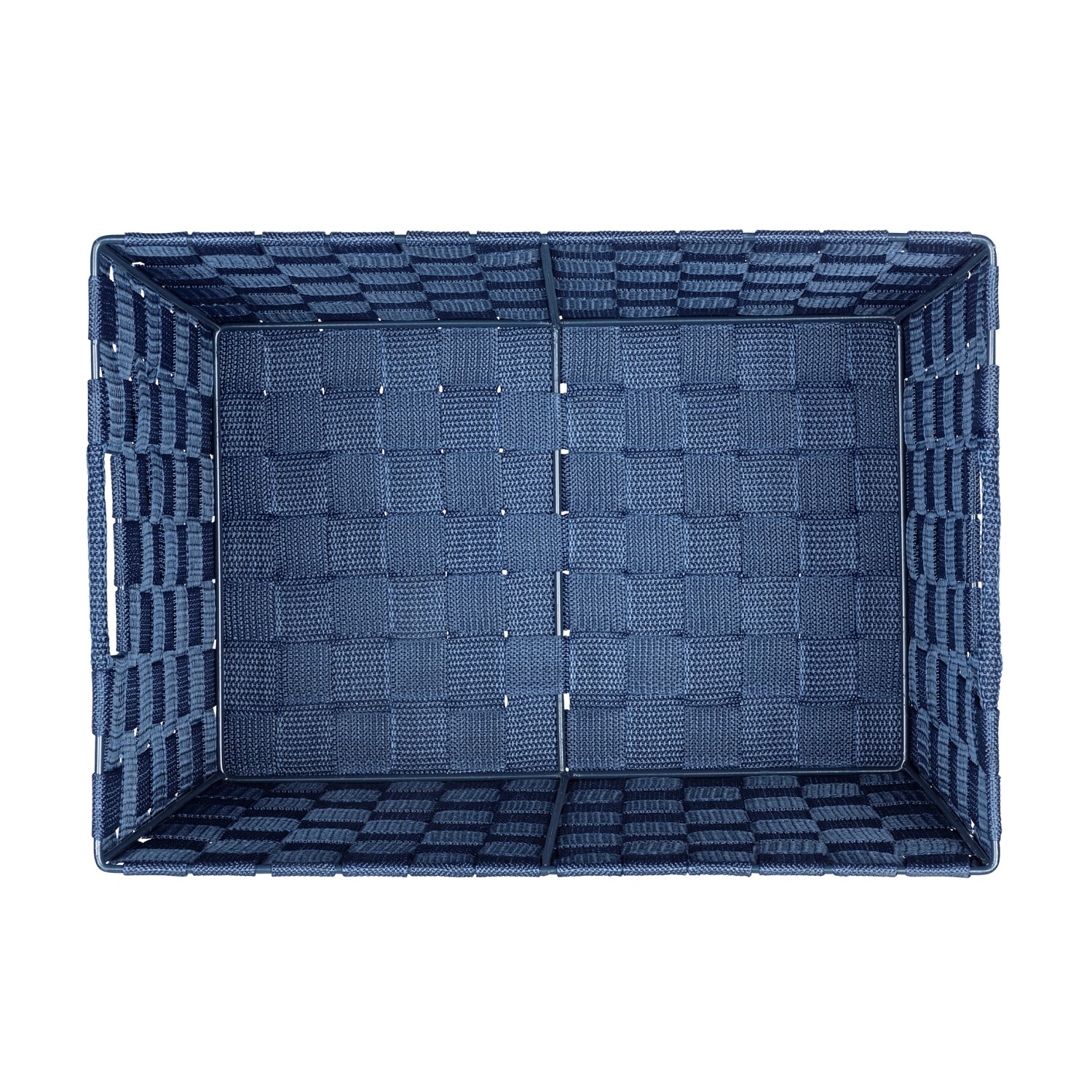 Dunkelblauer Wenko Aufbewahrungskorb Adria M aus Polypropylen, Flechtoptik, 35x22x22,5 cm.