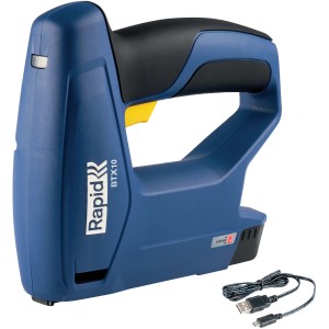 Blauer Rapid Akku-Tacker BTX10 mit USB-Ladekabel. Ideal zum Polstern und Befestigen.