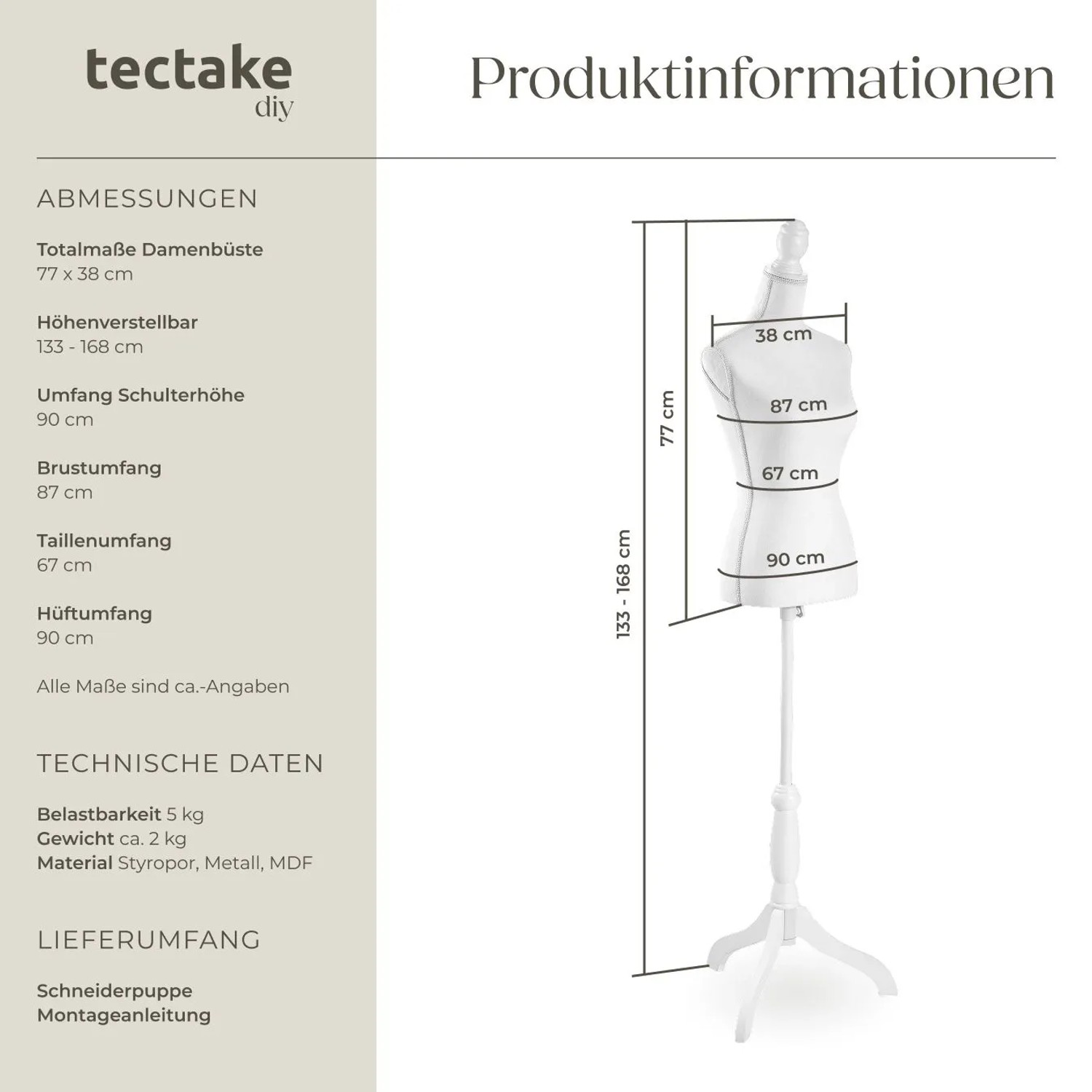 Weiße Tectake Schneiderpuppe, Torso einer Frau, höhenverstellbar von 133 bis 168 cm.