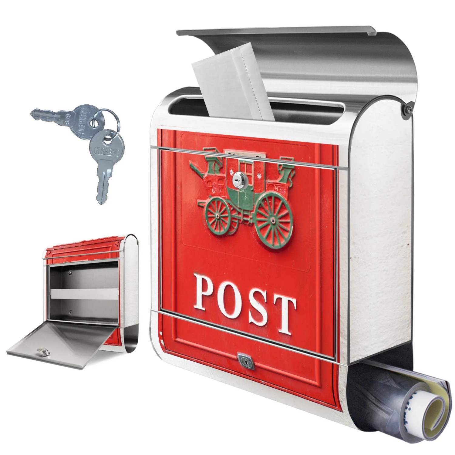 Edelstahl Briefkasten mit Zeitungsfach und Nostalgie Motiv eines Oldtimers. Inkl. Schlüssel.