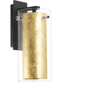 Moderne Wandleuchte Pinto von Eglo: Schwarz-goldene Halterung mit klarem Glas und Blattgold-Optik. Ideal für Wohnräume.