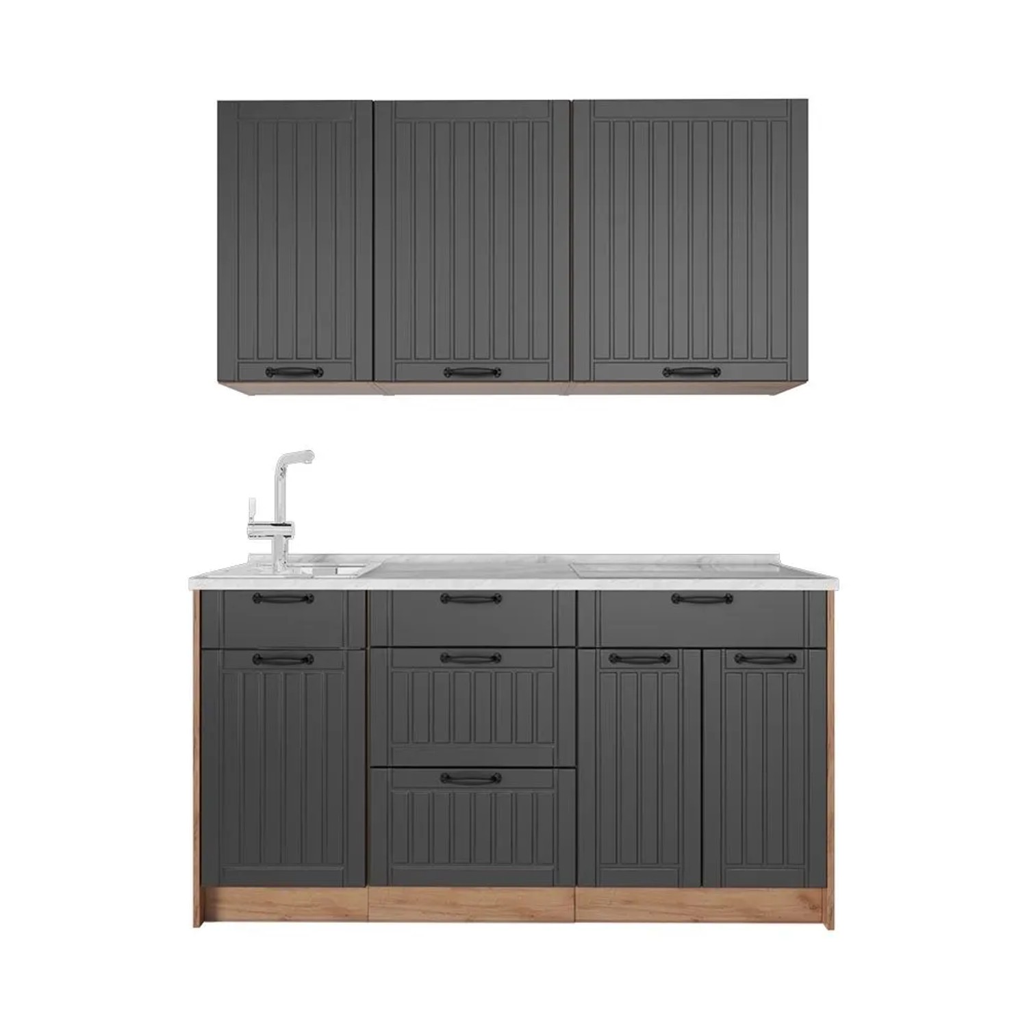Vicco Singleküche Fame-Line Dunkelgrau/Goldkraft Eiche 150 x 82 AP Marmor Art Nr 64785