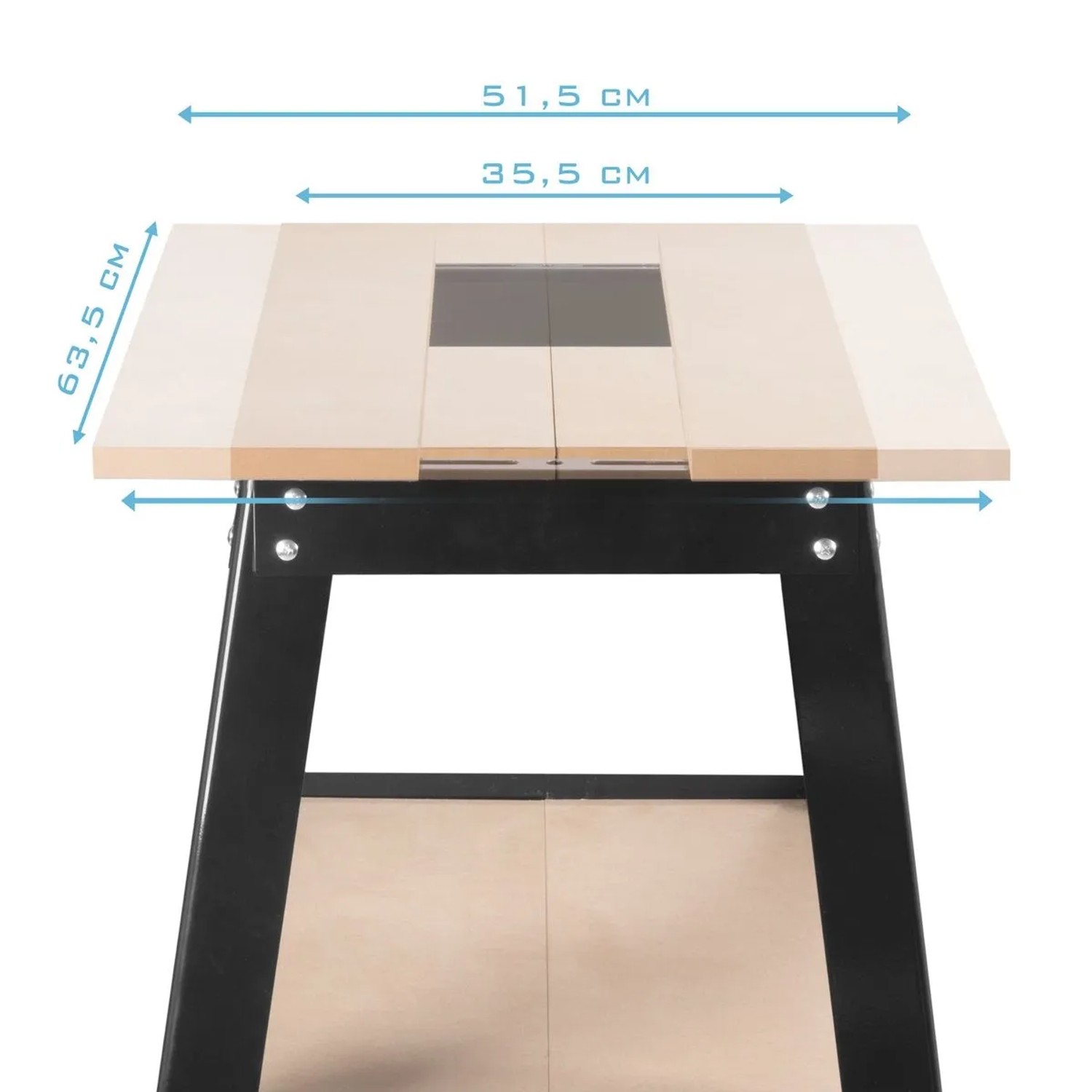 STAHLWERK Universal Maschinentisch mit verstellbarer Holzplatte, Maße 63,5x35,5-51,5 cm. Schwarzes Stahlgestell, Ablage.
