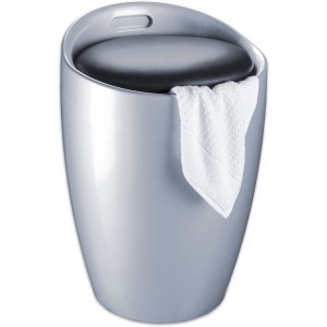 Silberner Wenko Badhocker Candy mit Wäschesack und Handtuch. Sitzhocker aus Kunststoff mit Deckel.