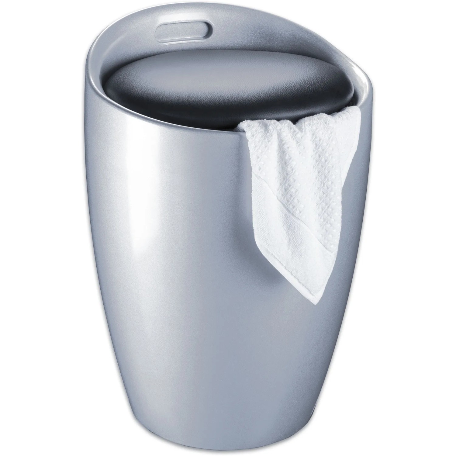 Silberner Wenko Badhocker Candy mit Wäschesack und Handtuch. Sitzhocker aus Kunststoff mit Deckel.