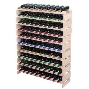 PROREGAL Weinregal VINOTECA FLEX PRO aus massivem, unbehandeltem Kiefernholz, gefüllt mit Weinflaschen auf 10 Ebenen.
