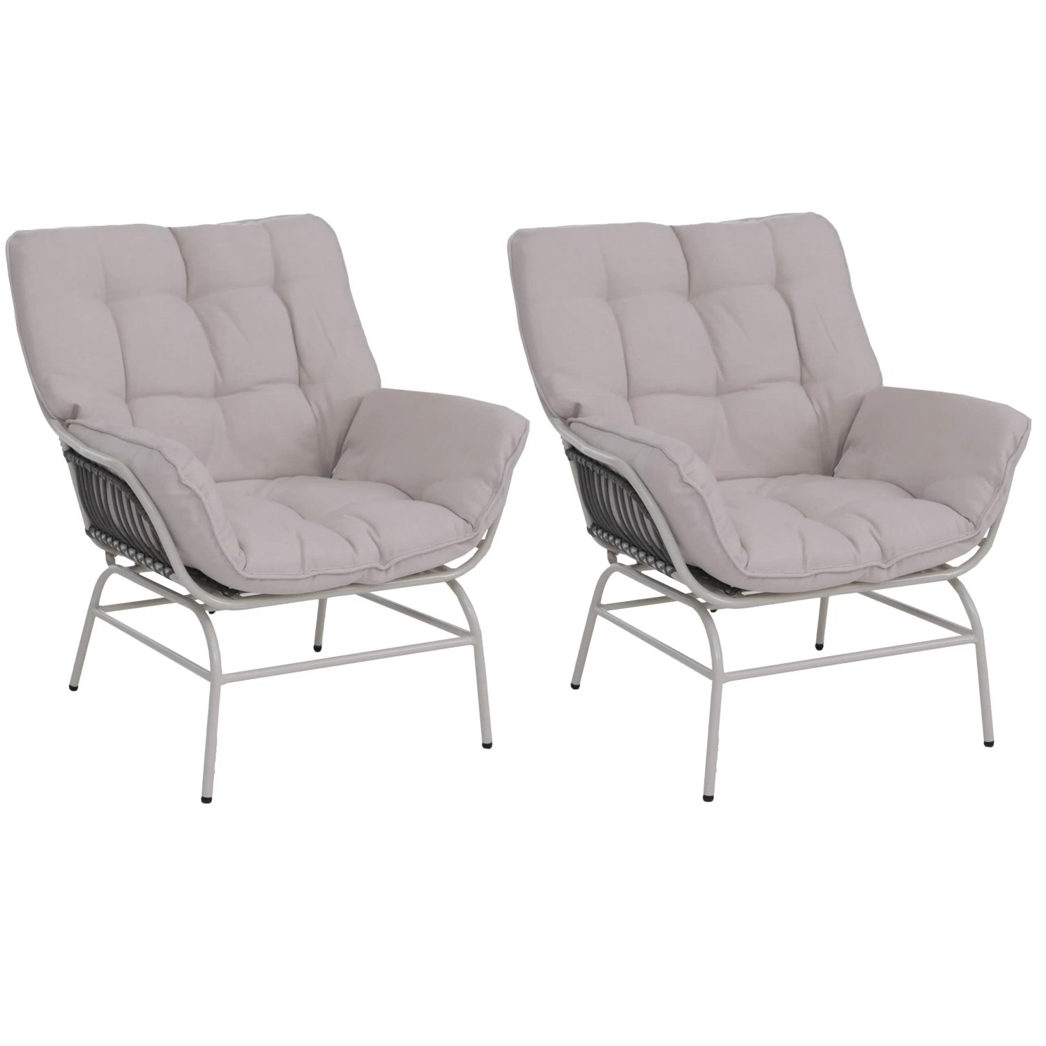 MCW 2er-Set Loungestuhl P75 Relaxstuhl Poly-Rattan Metall Hellgrau Polster Beige
