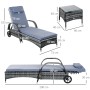 Outsunny Sonnenliegen-Set: 2 Liegen & Tisch aus Rattan, grau, mit blauen Auflagen. Gartenmöbel für entspannte Stunden.