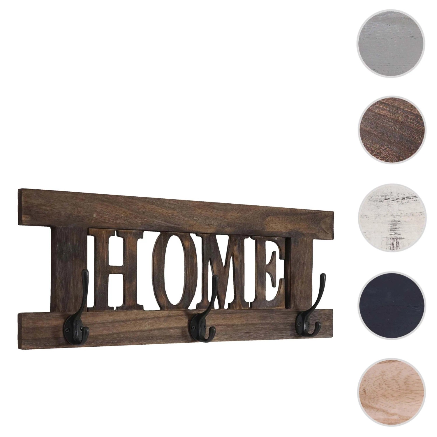 Wandgarderobe C60 Home im Shabby-Look Braun mit 3 Doppelhaken.