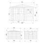 Technische Zeichnung Timbela Gartenhaus M335: Maße und Ansichten des Holzhauses mit Fenster.