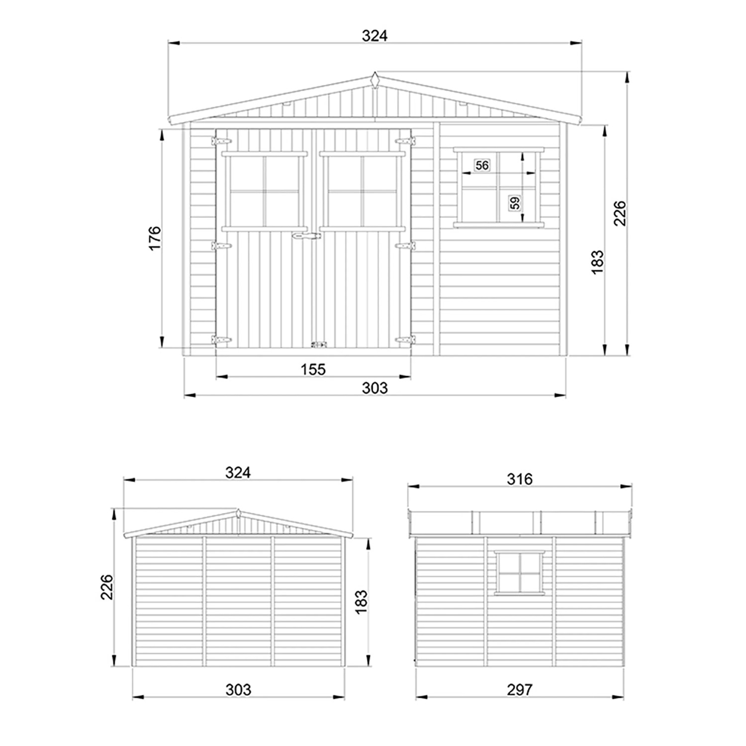 Technische Zeichnung Timbela Gartenhaus M335: Maße und Ansichten des Holzhauses mit Fenster.