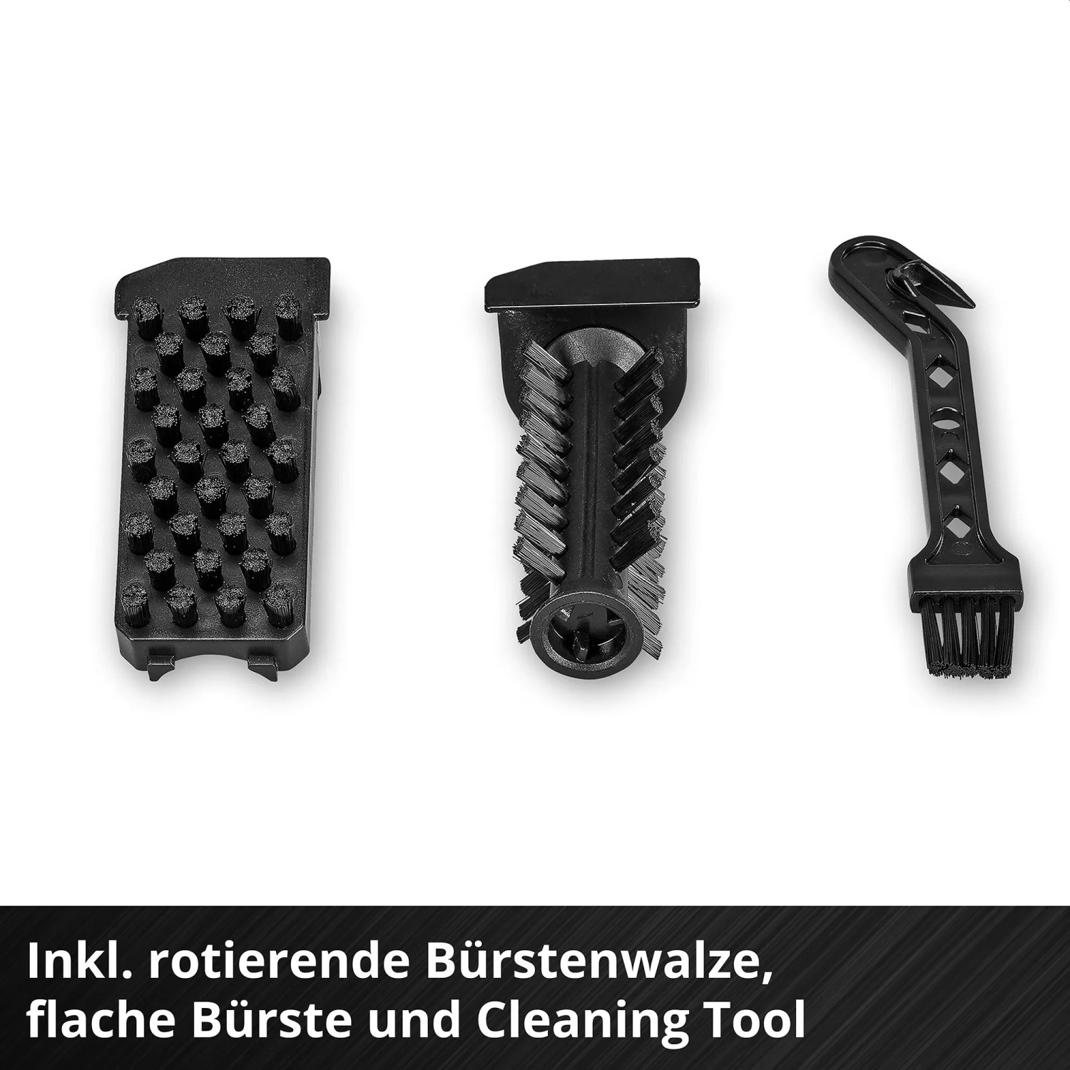 Aufsätze für Einhell Akku-Waschsauger: Bürstenwalze, Bürste und Reinigungs-Tool.