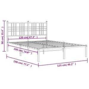 Schwarzes Metall Bettgestell (120x190 cm) mit Kopfteil, vidaXL. Abmessungen sind eingezeichnet.