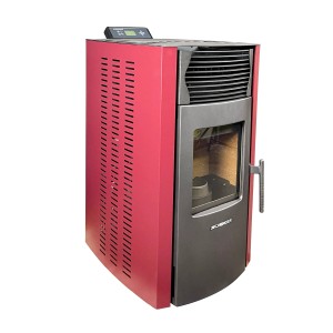 Roter SCHENGER Pelletofen HP51 mit Display, Tür und seitlichen Lüftungsschlitzen.