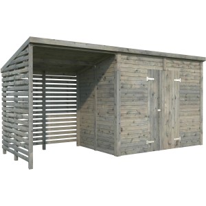 Graues Palmako Gerätehaus Leif mit Doppeltür und offenem Unterstand aus Holz.
