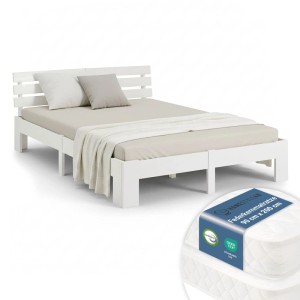 Homestyle4u Holzbett 180x200 mit Federkernmatratze in Weiß 3331