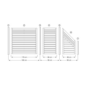 Skizze verschiedener Neo Douglasie Sichtschutzzaun Elemente mit Maßangaben.
