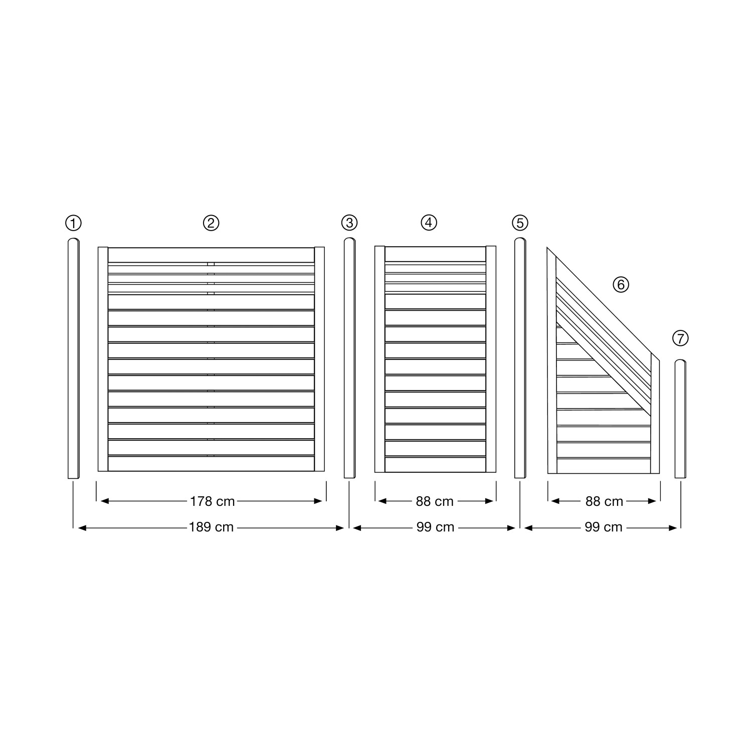 Skizze verschiedener Neo Douglasie Sichtschutzzaun Elemente mit Maßangaben.